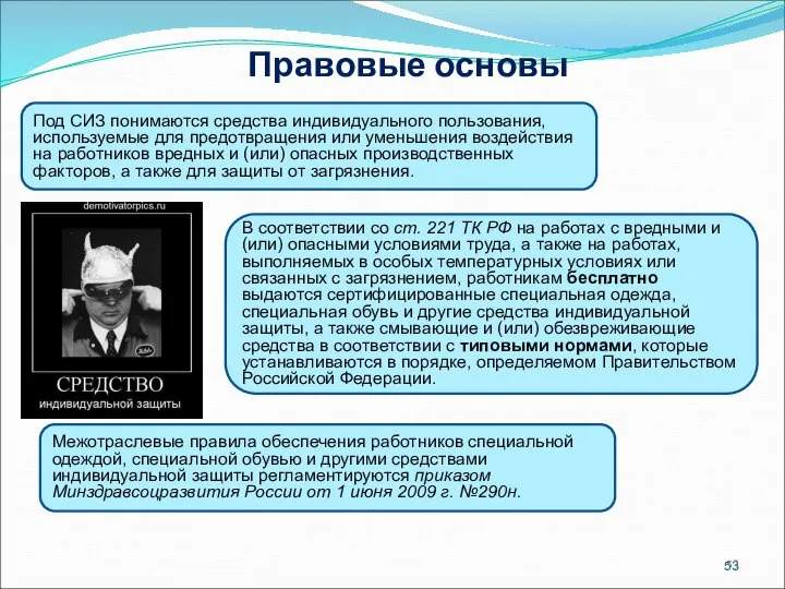 Правовые основы Под СИЗ понимаются средства индивидуального пользования, используемые для предотвращения