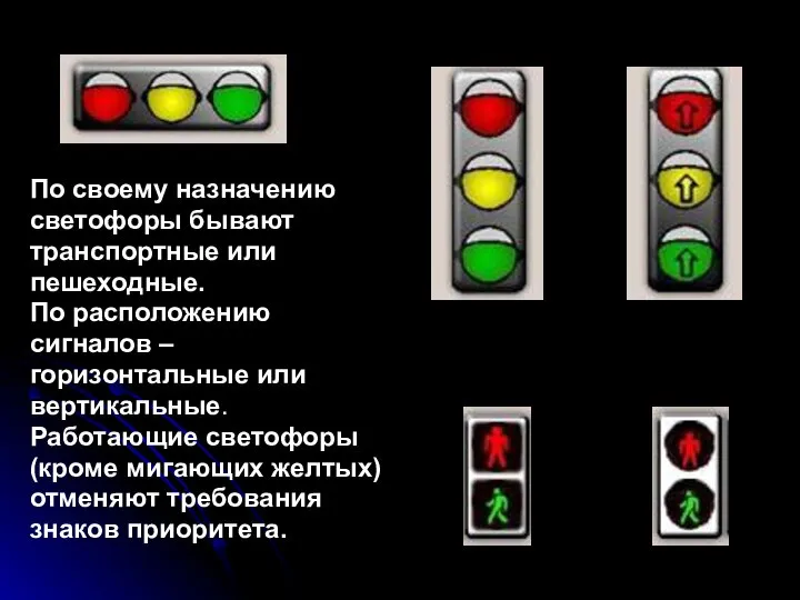 По своему назначению светофоры бывают транспортные или пешеходные. По расположению сигналов