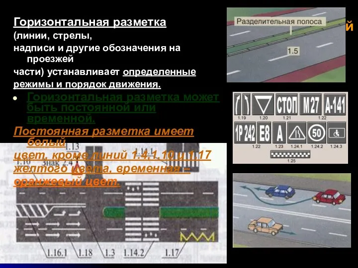 Виды дорожной разметки Горизонтальная разметка (линии, стрелы, надписи и другие обозначения