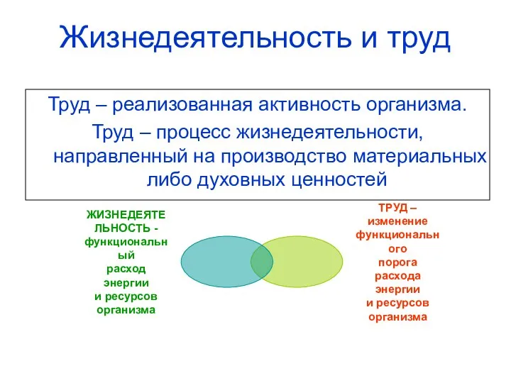 Жизнедеятельность и труд Труд – реализованная активность организма. Труд – процесс