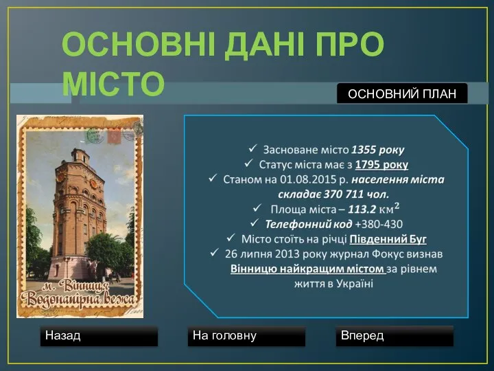 ОСНОВНІ ДАНІ ПРО МІСТО Назад На головну Вперед ОСНОВНИЙ ПЛАН