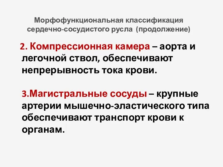 Морфофункциональная классификация сердечно-сосудистого русла (продолжение) 2. Компрессионная камера – аорта и