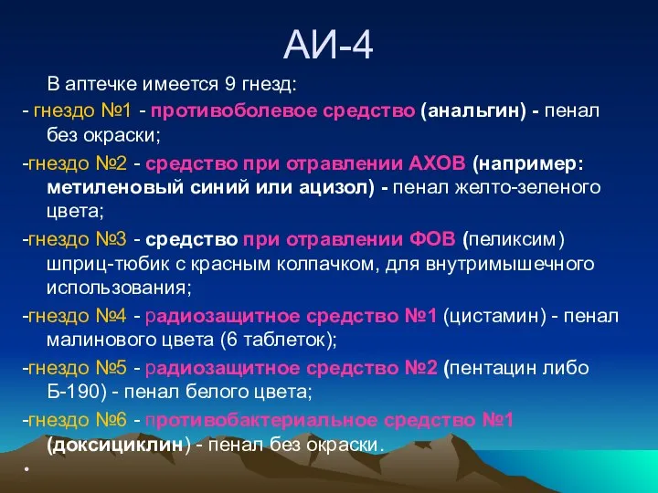 АИ-4 В аптечке имеется 9 гнезд: - гнездо №1 - противоболевое