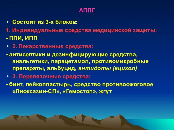 АППГ Состоит из 3-х блоков: 1. Индивидуальные средства медицинской защиты: -