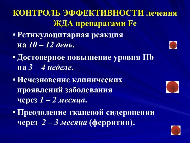 КОНТРОЛЬ ЭФФЕКТИВНОСТИ лечения ЖДА препаратами Fe Ретикулоцитарная реакция на 10 –