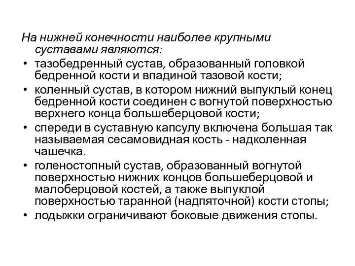 На нижней конечности наиболее крупными суставами являются: тазобедренный сустав, образованный головкой