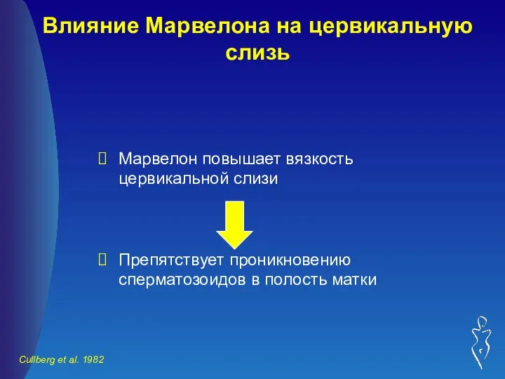 Влияние Марвелона на цервикальную слизь Марвелон повышает вязкость цервикальной слизи Препятствует