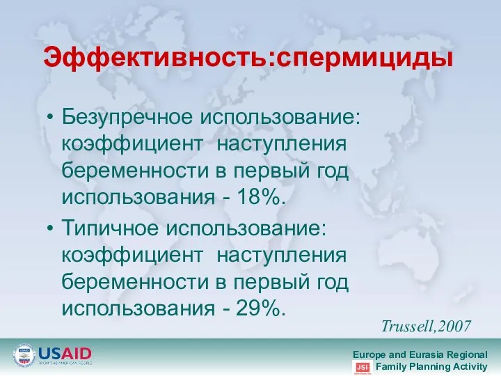 Эффективность:спермициды Безупречное использование: коэффициент наступления беременности в первый год использования -