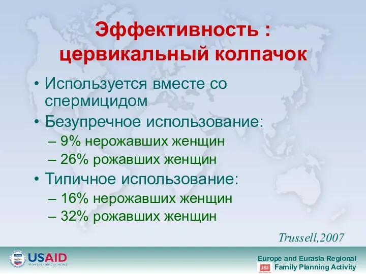 Эффективность : цервикальный колпачок Используется вместе со спермицидом Безупречное использование: 9%