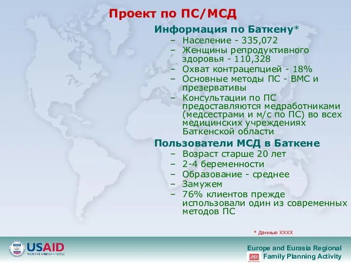 Проект по ПС/МСД Информация по Баткену* Население - 335,072 Женщины репродуктивного