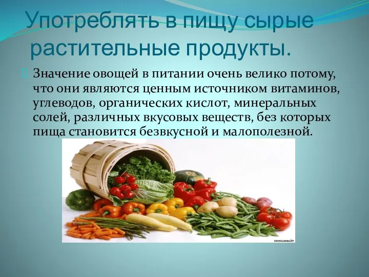 Употреблять в пищу сырые растительные продукты. Значение овощей в питании очень