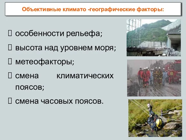 особенности рельефа; высота над уровнем моря; метеофакторы; смена климатических поясов; смена