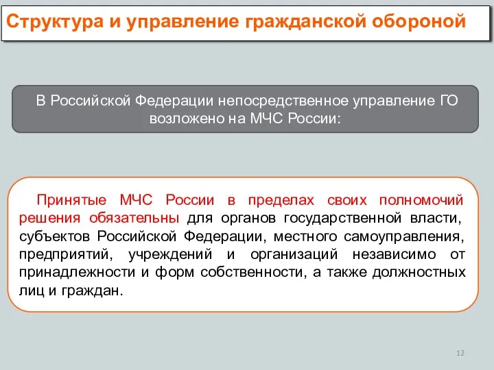 Структура и управление гражданской обороной В Российской Федерации непосредственное управление ГО