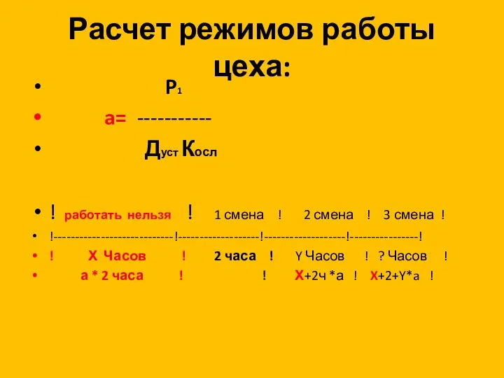 Расчет режимов работы цеха: P1 a= ----------- Дуст Косл ! работать