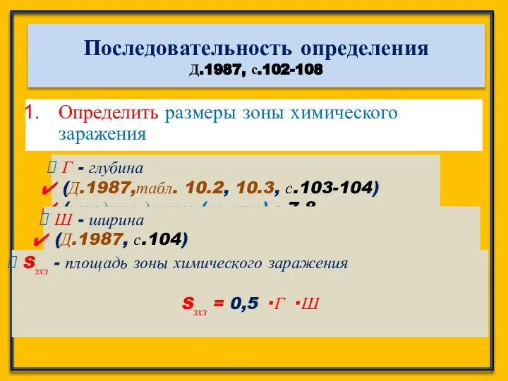 Последовательность определения Д.1987, с.102-108 Определить размеры зоны химического заражения Г -