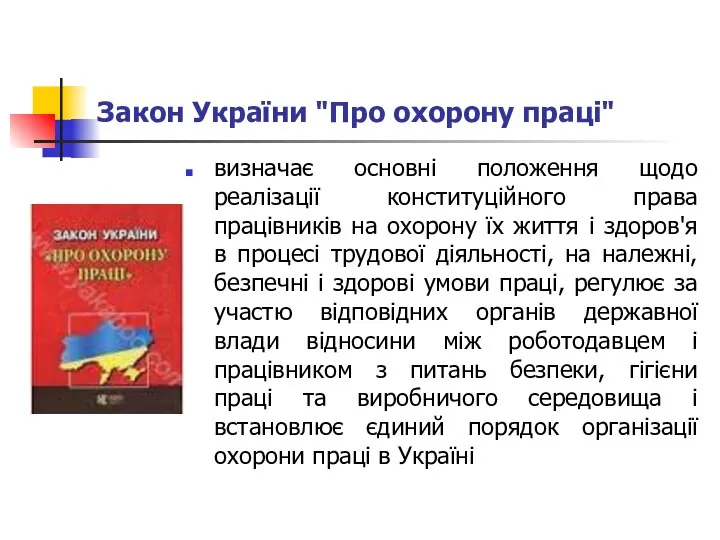 Закон України "Про охорону праці" визначає основні положення щодо реалізації конституційного