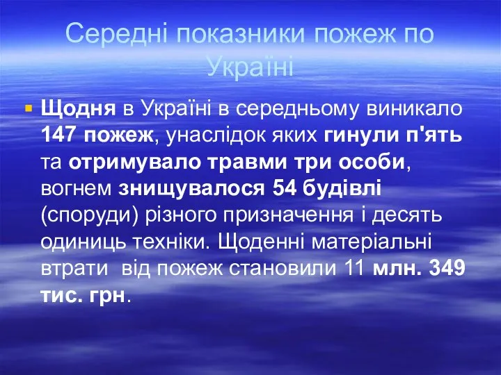 Середні показники пожеж по Україні Щодня в Україні в середньому виникало