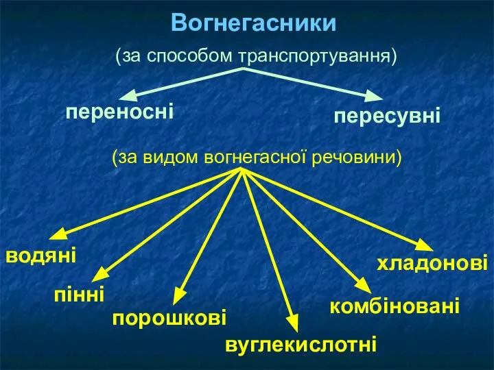 Вогнегасники (за способом транспортування) переносні пересувні (за видом вогнегасної речовини) водяні пінні вуглекислотні порошкові хладонові комбіновані