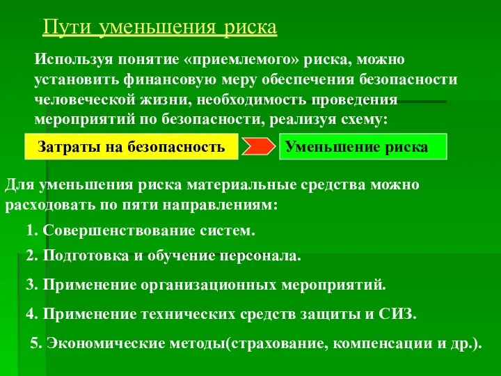 Пути уменьшения риска Используя понятие «приемлемого» риска, можно установить финансовую меру