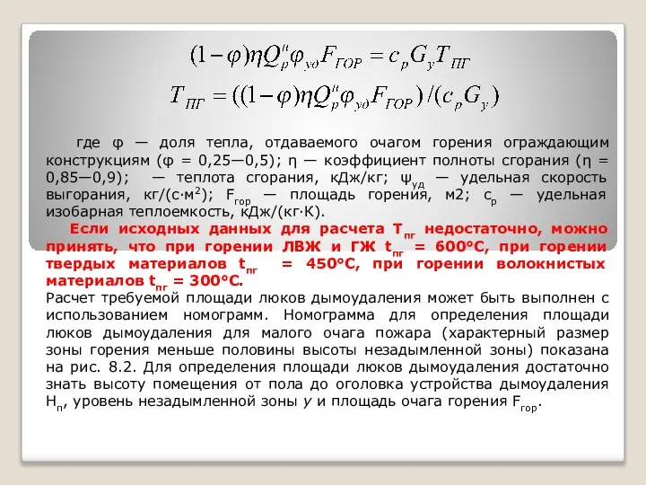 где φ — доля тепла, отдаваемого очагом горения ограждающим конструкциям (φ