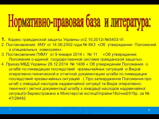 * 1. Кодекс гражданской защиты Украины от2.10.2012г.№5403-VI. 2. Постановление КМУ от