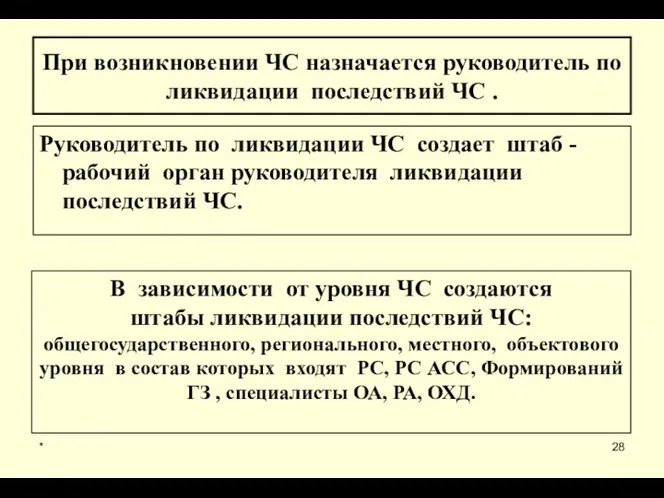 * При возникновении ЧС назначается руководитель по ликвидации последствий ЧС .