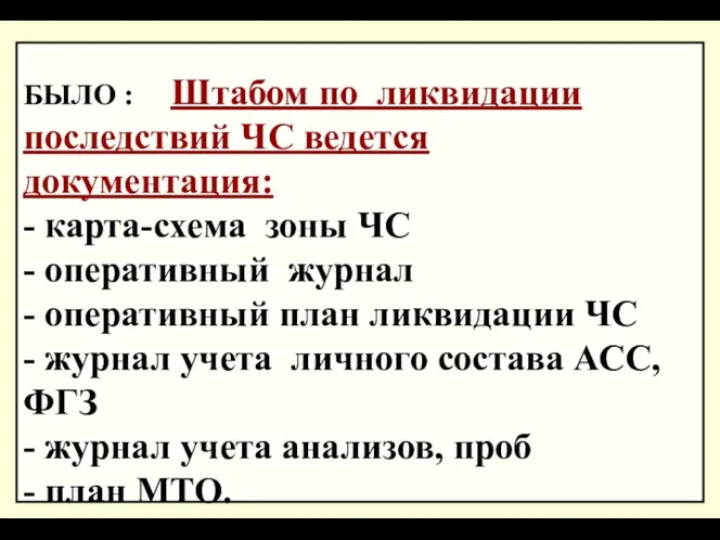 * БЫЛО : Штабом по ликвидации последствий ЧС ведется документация: -