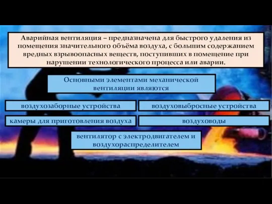 Аварийная вентиляция – предназначена для быстрого удаления из помещения значительного объёма