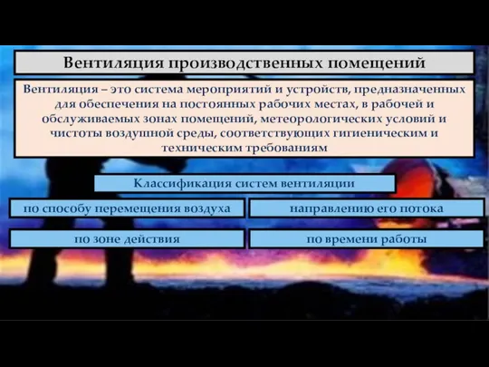 Вентиляция производственных помещений Вентиляция – это система мероприятий и устройств, предназначенных