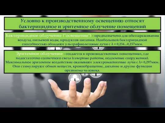 Условно к производственному освещению относят бактерицидное и эритемное облучение помещений Бактерицидное