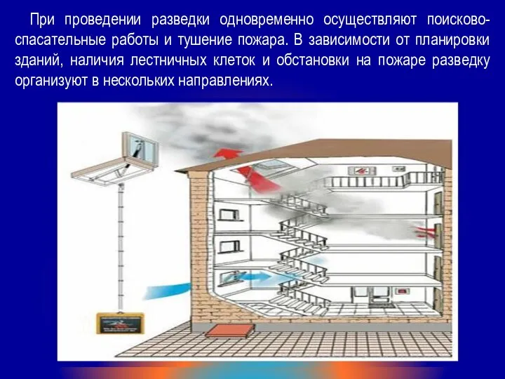 При проведении разведки одновременно осуществляют поисково-спасательные работы и тушение пожара. В