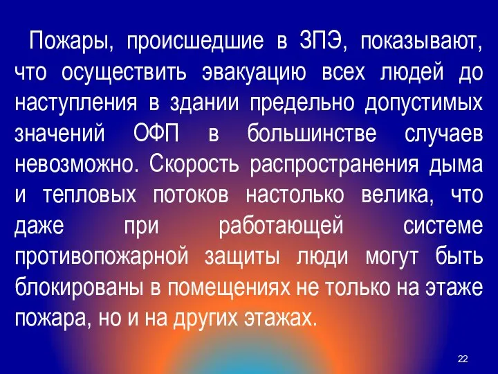 Пожары, происшедшие в ЗПЭ, показывают, что осуществить эвакуацию всех людей до