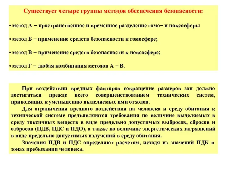 Существует четыре группы методов обеспечения безопасности: метод А − пространственное и