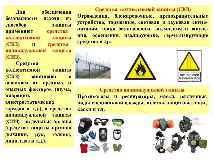 Для обеспечения безопасности исходя из способов защиты применяют средства коллективной защиты