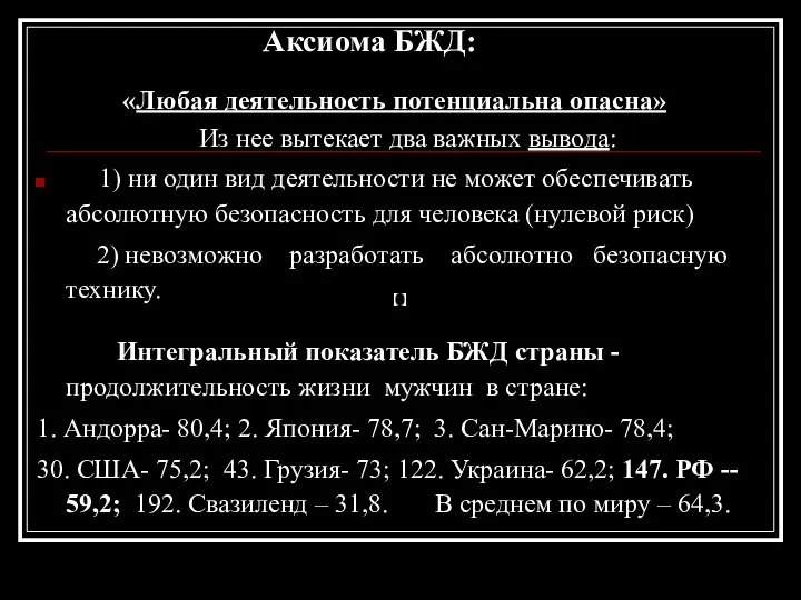 Аксиома БЖД: «Любая деятельность потенциальна опасна» Из нее вытекает два важных