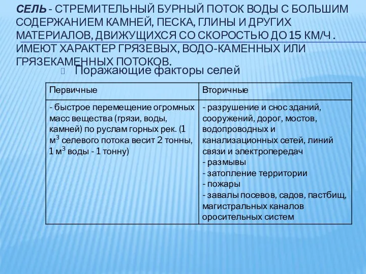 СЕЛЬ - СТРЕМИТЕЛЬНЫЙ БУРНЫЙ ПОТОК ВОДЫ С БОЛЬШИМ СОДЕРЖАНИЕМ КАМНЕЙ, ПЕСКА,