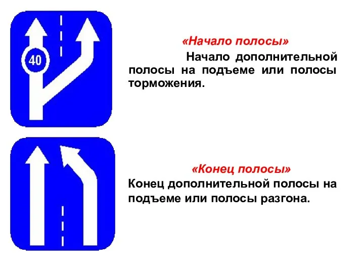 «Начало полосы» Начало дополнительной полосы на подъеме или полосы торможения. «Конец