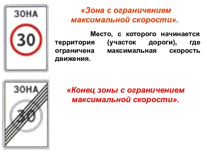 «Зона с ограничением максимальной скорости». Место, с которого начинается территория (участок