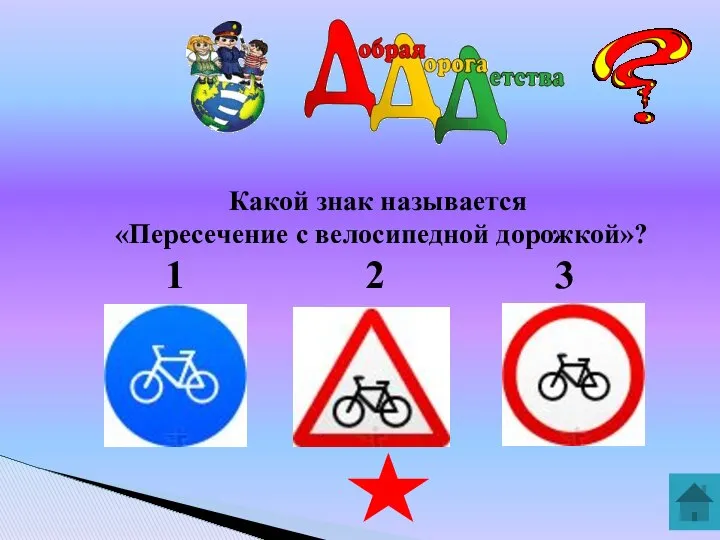 Какой знак называется «Пересечение с велосипедной дорожкой»? 1 2 3