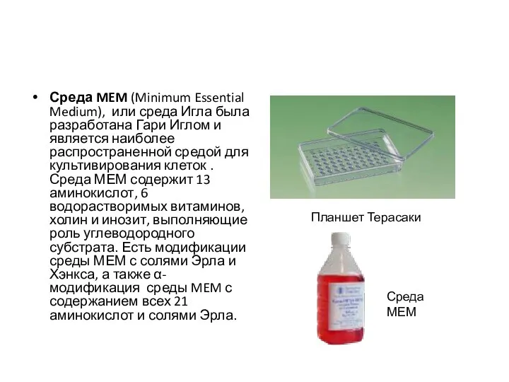 Среда MEM (Minimum Essential Medium), или среда Игла была разработана Гари