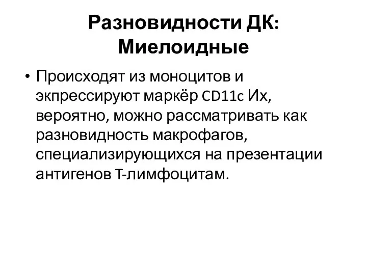 Разновидности ДК: Миелоидные Происходят из моноцитов и экпрессируют маркёр CD11c Их,