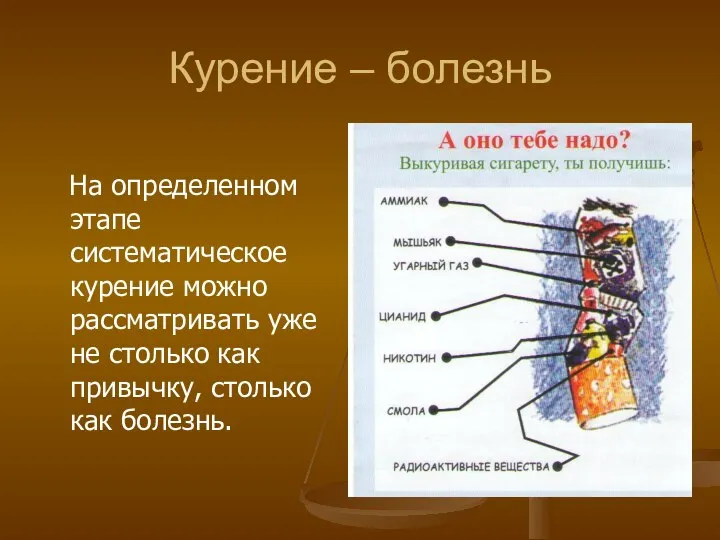 Курение – болезнь На определенном этапе систематическое курение можно рассматривать уже