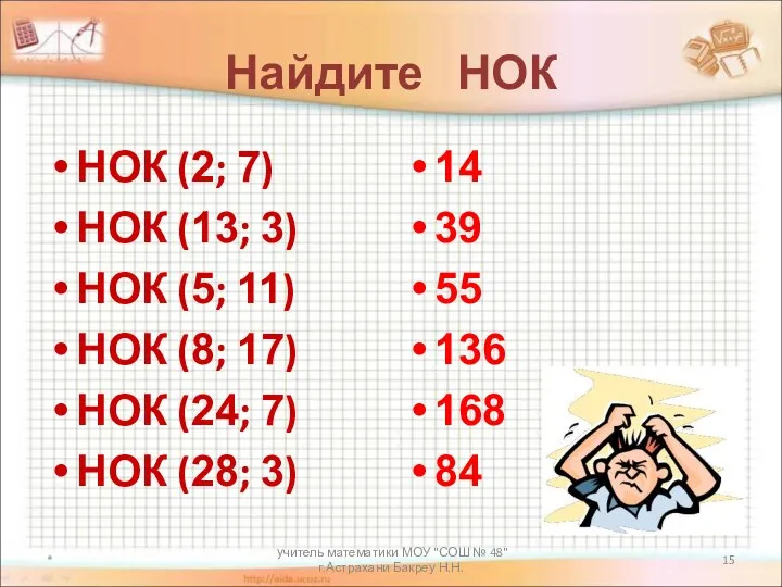 учитель математики МОУ "СОШ № 48" г.Астрахани Бакреу Н.Н. Найдите НОК