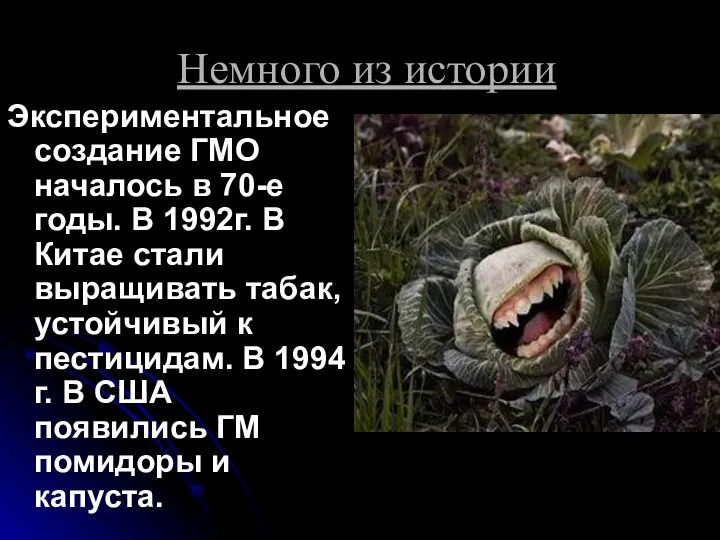 Немного из истории Экспериментальное создание ГМО началось в 70-е годы. В