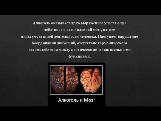 Алкоголь оказывает ярко выраженное угнетающее действие на весь головной мозг, на