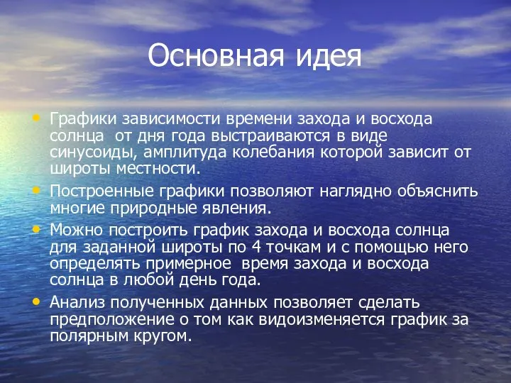 Основная идея Графики зависимости времени захода и восхода солнца от дня