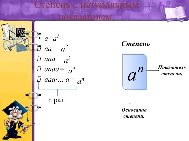 Степень с натуральным показателем. а=а1 аа = ааа = аааа= ааа∙…∙а=