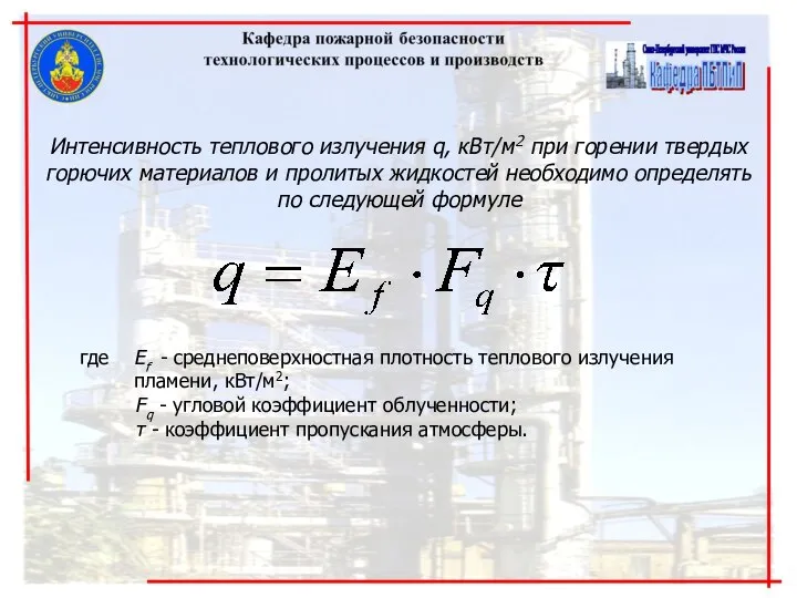 Интенсивность теплового излучения q, кВт/м2 при горении твердых горючих материалов и