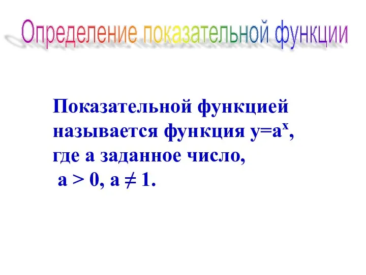 21.03.08 Классная работа Определение показательной функции Показательной функцией называется функция y=ах,