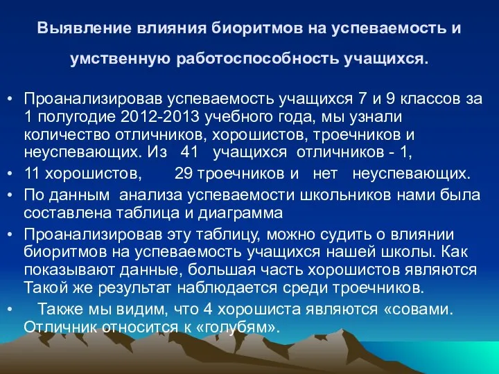 Выявление влияния биоритмов на успеваемость и умственную работоспособность учащихся. Проанализировав успеваемость